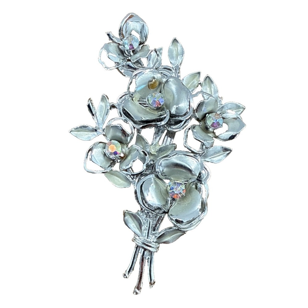 Vintage Coro Brooch Pin Silvertone Floral‎ Bouquet Aurora Borealis Gemstone